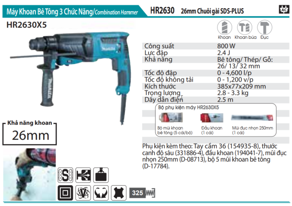 Máy Khoan Bê Tông 3 Chức Năng - Makita HR2630