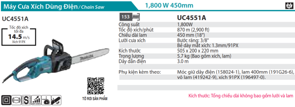 MÁY CƯA XÍCH DÙNG ĐIỆN Makita UC4551A (450MM/91PX)