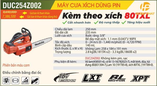 Máy Cưa Xích Dùng Pin Makita DUC254Z002( chưa kèm pin sạc)